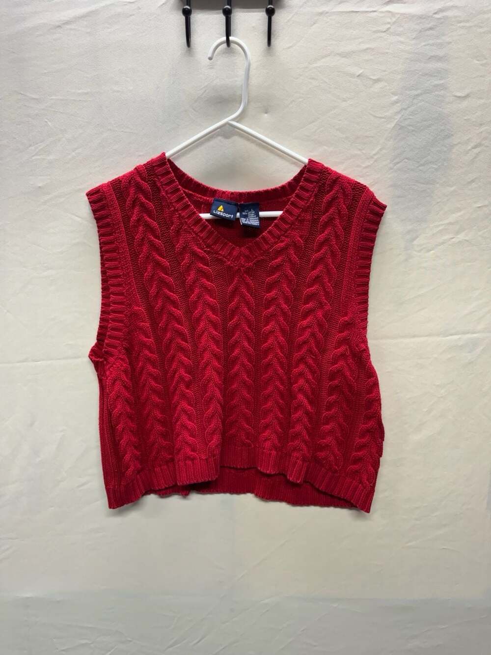 Lizsport Red 100% Cotton Cable Knit V-Neck Sweater Vest Size L